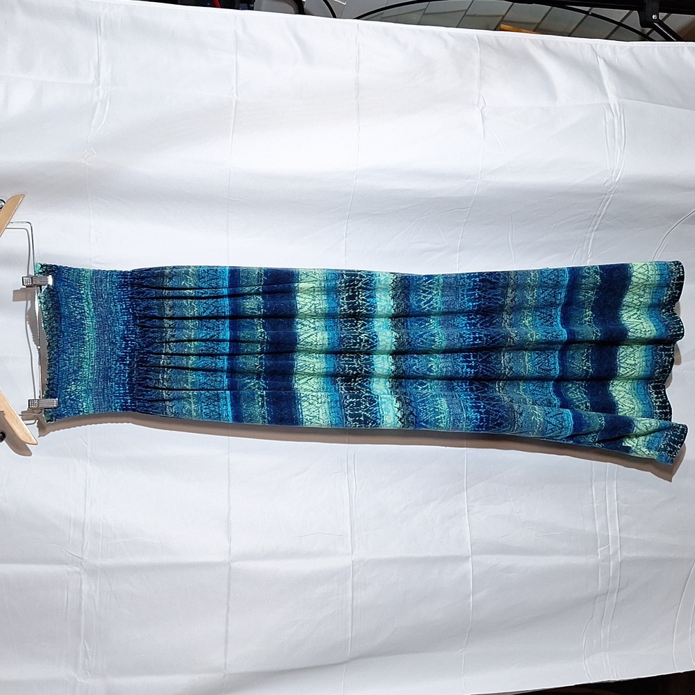 Faded Glory Strapless Maxi Dress in Blue and Teal Stripe